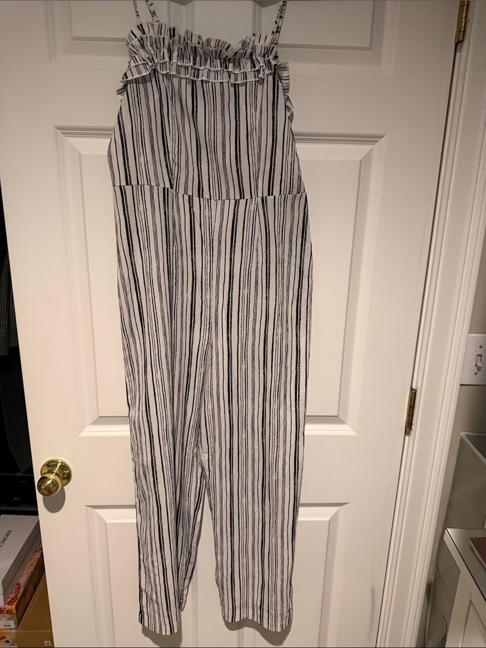 Rampage Black & White Striped Ruffle-Top Jumpsuit